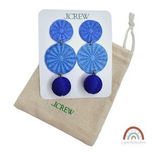 New! J. Crew Raffia Straw Bohemian Tripe Drop Blue Earrings